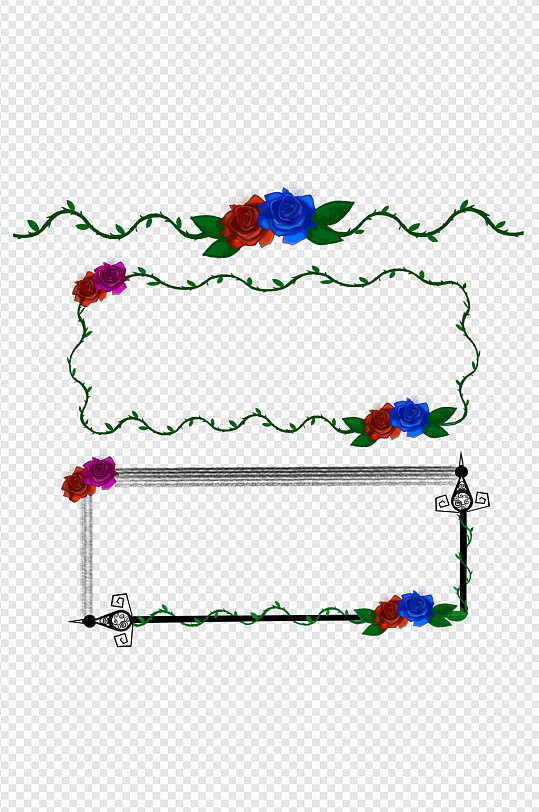 双色红蓝玫瑰藤蔓复古哥特风免扣元素