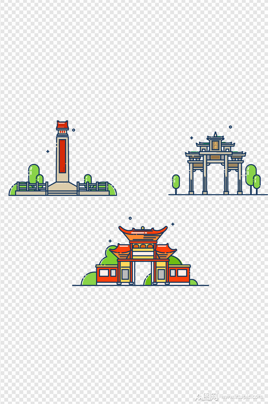 彩色卡通地标建筑插画免扣元素素材