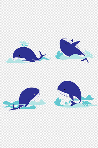 手绘卡通呆萌蓝色小鲸鱼海洋浪花免扣元素
