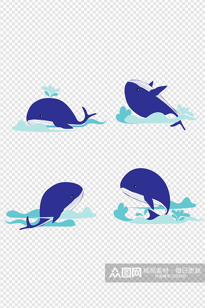 手绘卡通呆萌蓝色小鲸鱼海洋浪花免扣元素素材