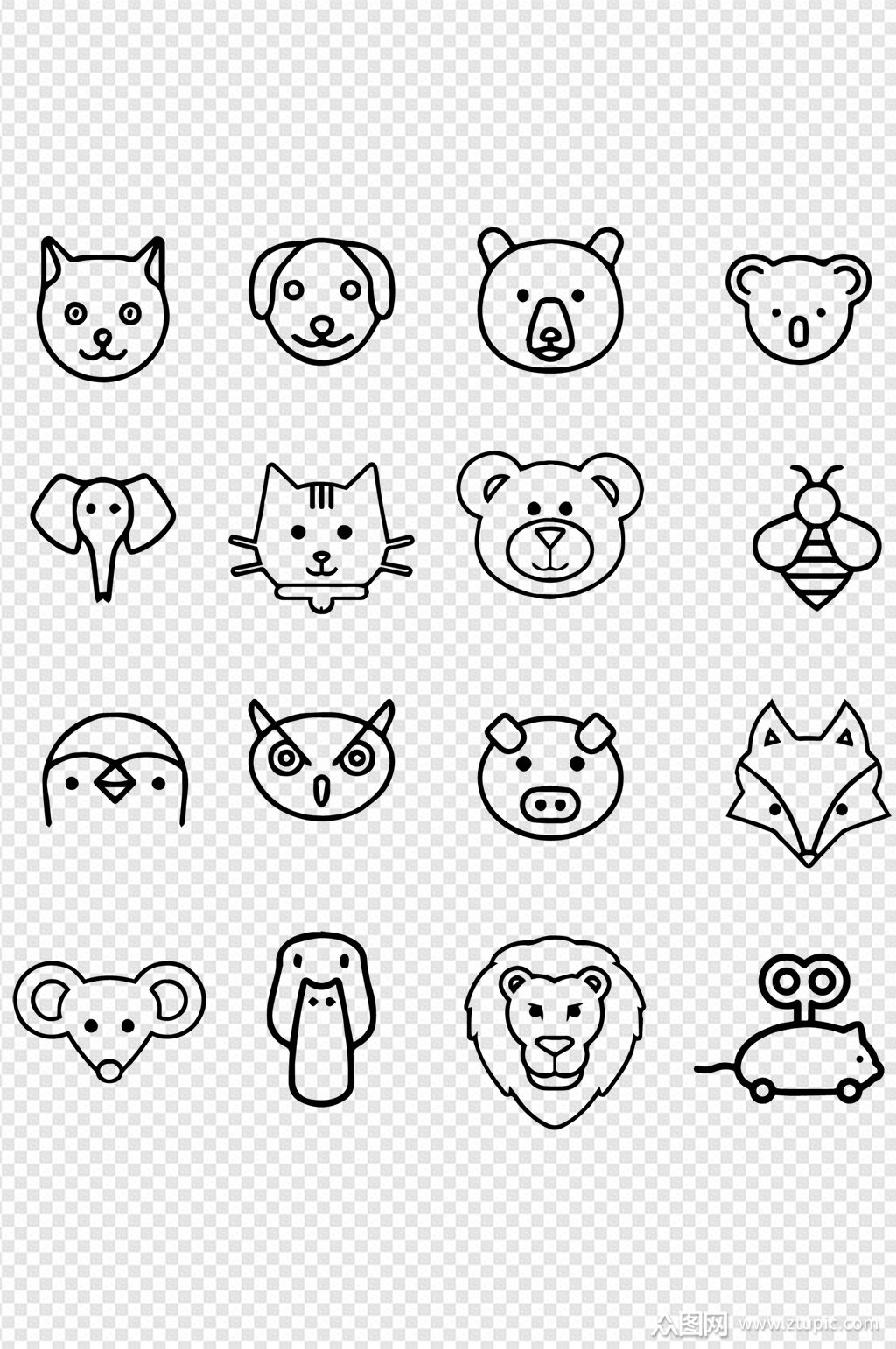 简笔画卡通动物头像动物线条图线稿免扣元素