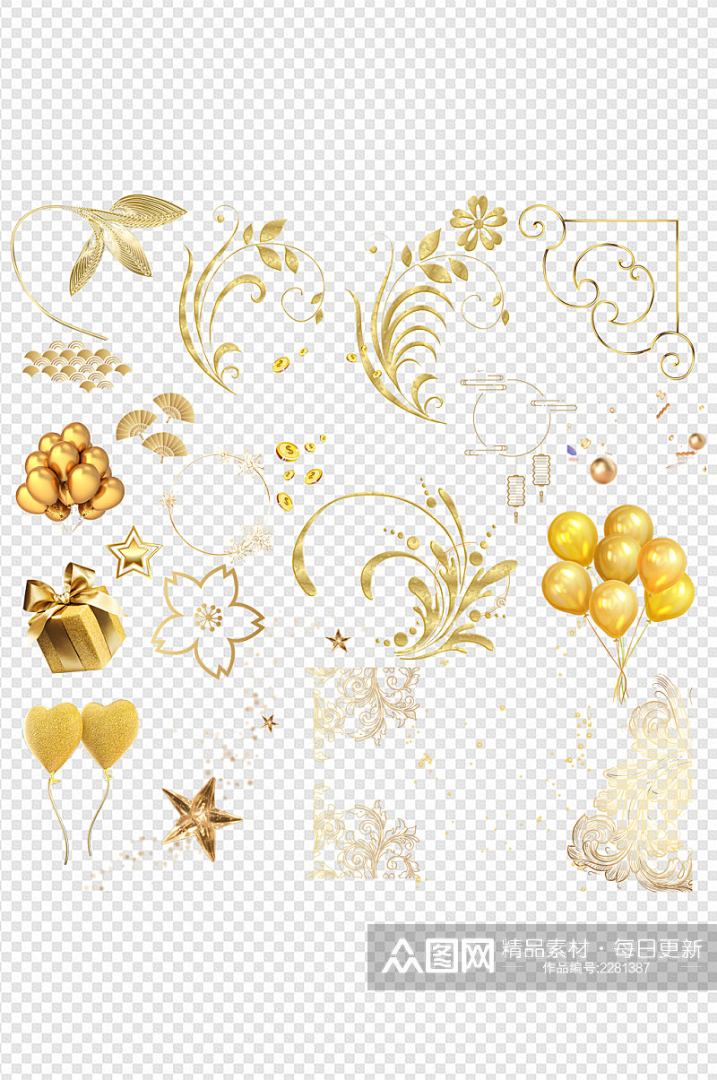 金色气球素材礼物盒中国花纹底纹免扣元素素材