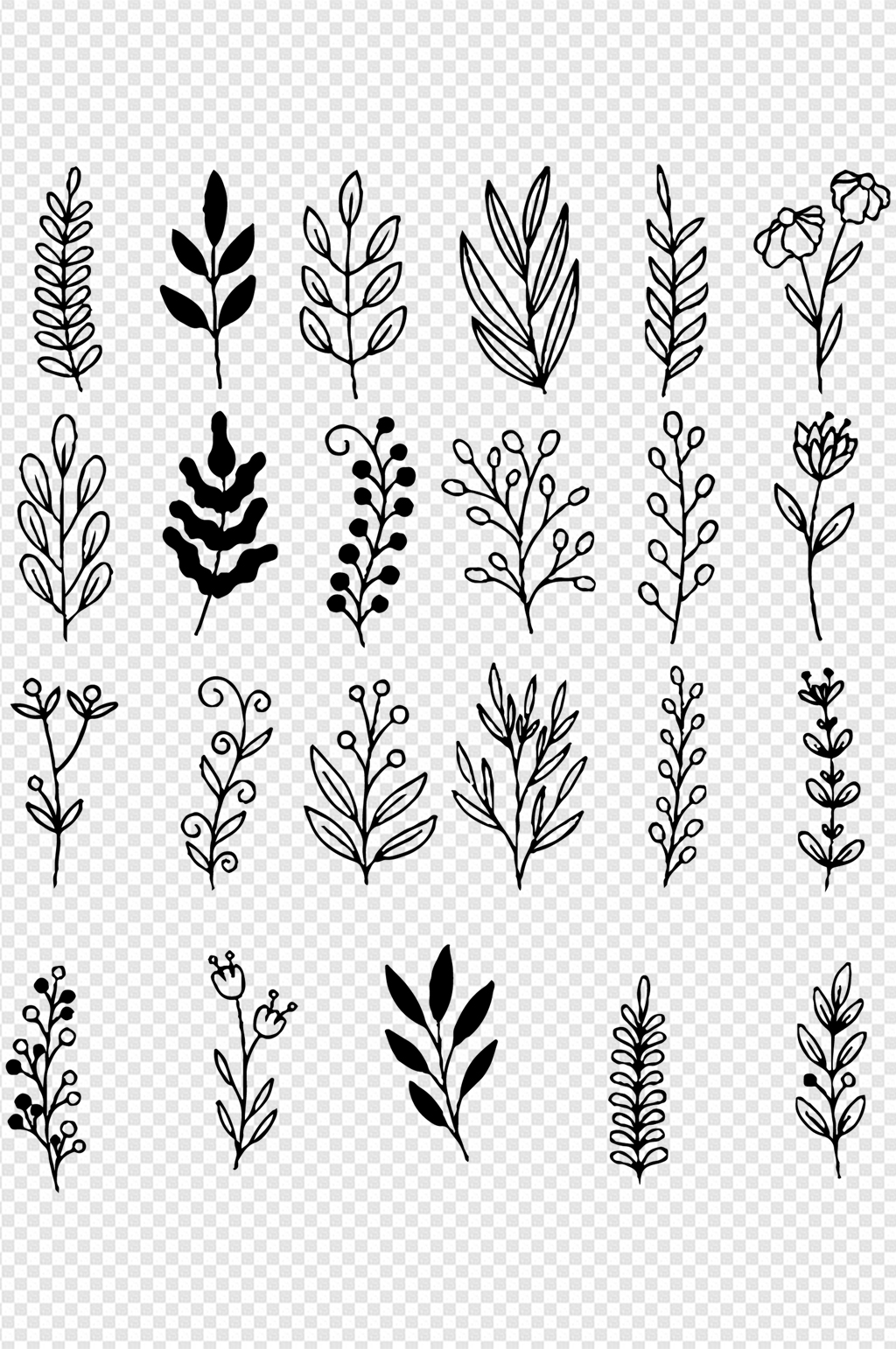 多款植物花草线条线稿图案装饰设计免扣元素素材