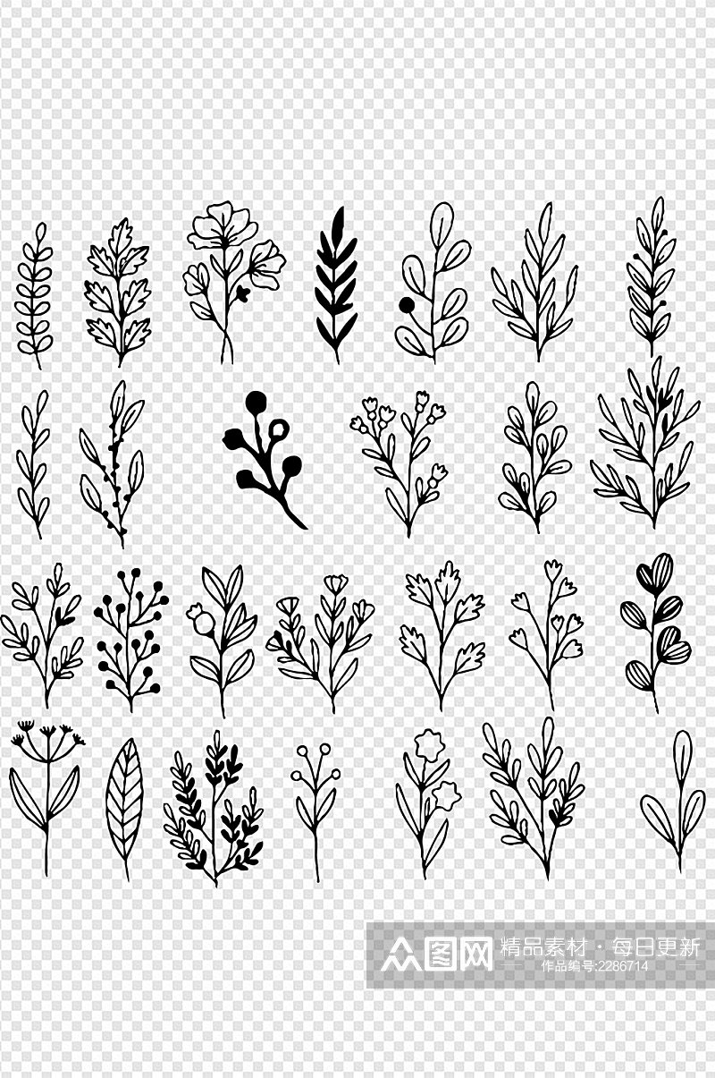 多款植物花草线条线稿图案装饰免扣元素素材