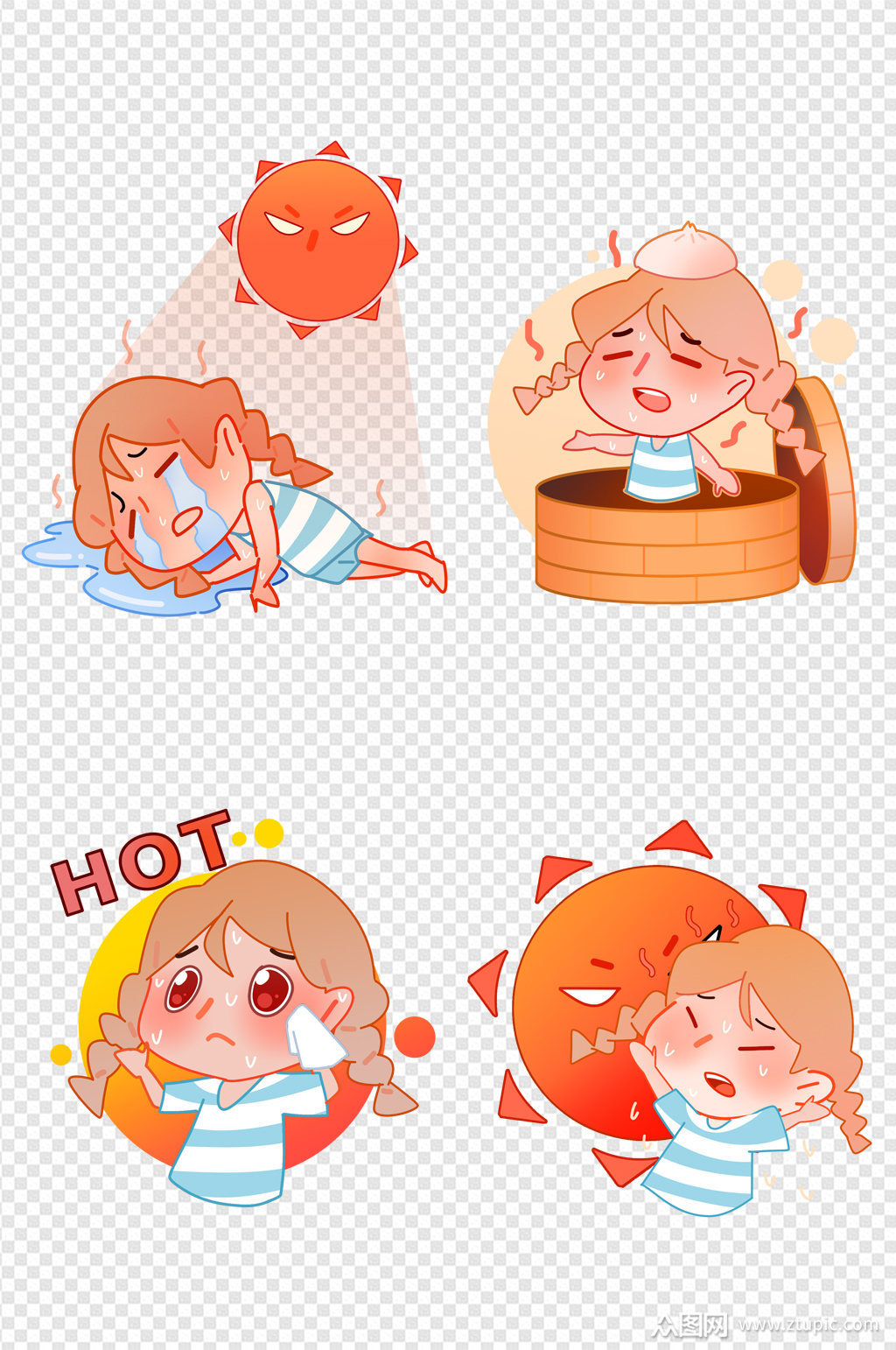 手绘卡通夏天暑假炎热出汗装饰免扣元素