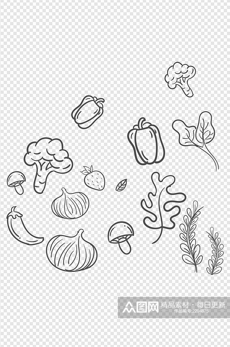 简约手绘水果蔬菜插画线描案食品免扣元素素材