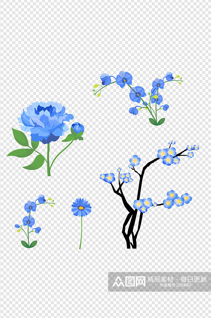 蓝色手绘鲜花蓝色花朵免扣元素素材