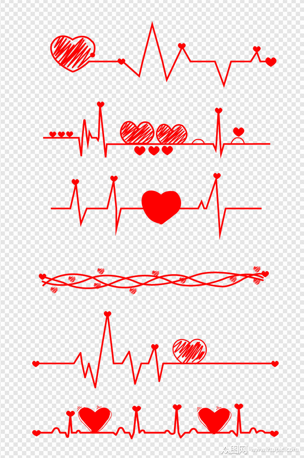 手绘心动曲率心电图红色桃心分割线免扣元素素材