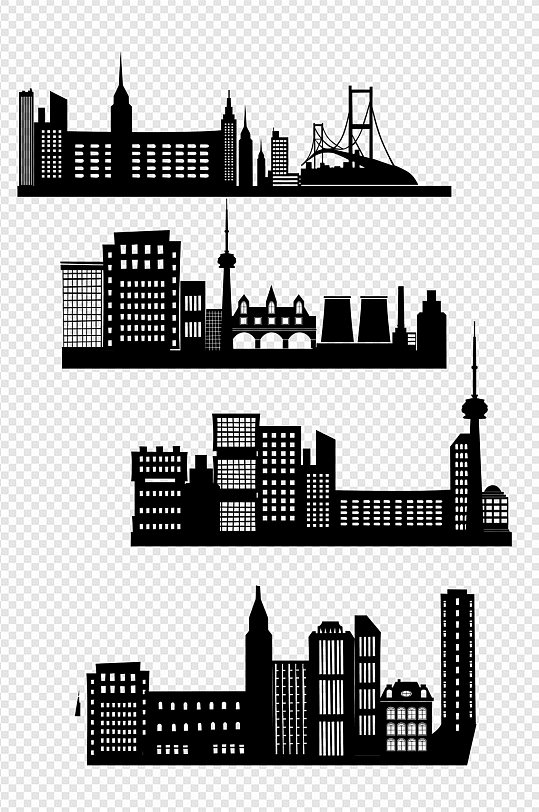 手绘都市高楼大厦 城市 建筑插画 剪影 免扣 元素