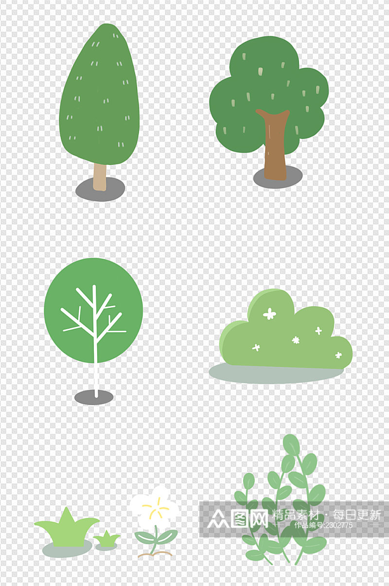 小清新植物树木卡通手绘免扣元素素材