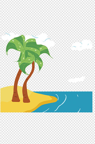 手绘沙滩椰树卡通夏季海滩免扣元素