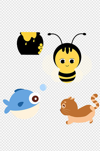 小动物蜜蜂鱼猫卡通免扣元素