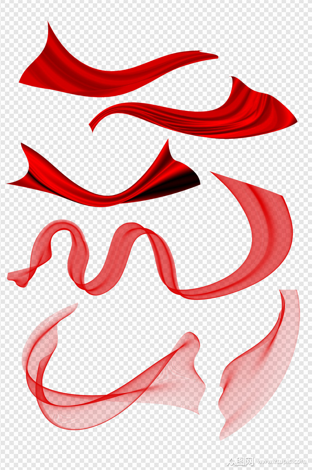 红色丝绸半透明飘带免扣元素素材