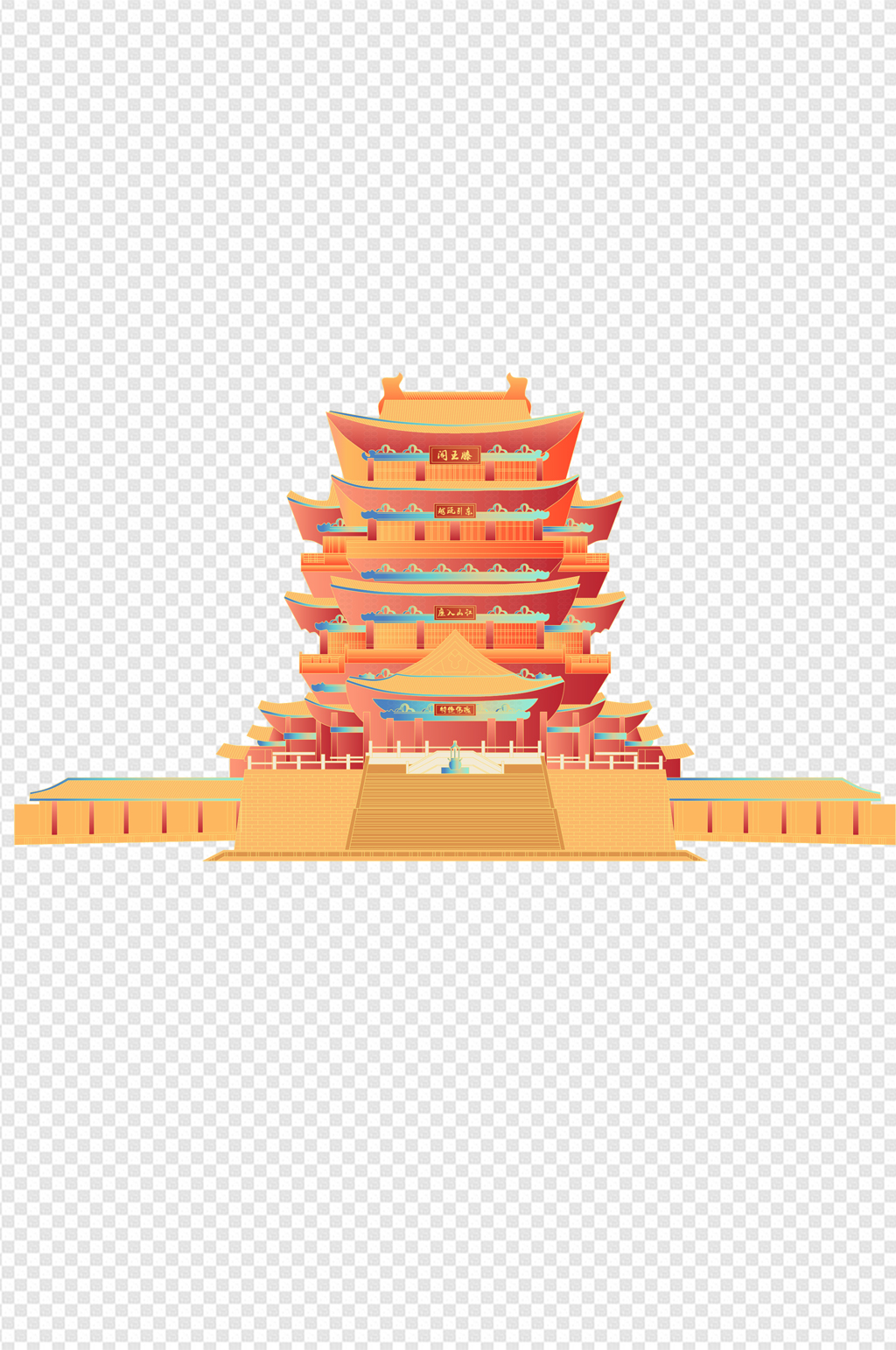 江西滕王阁插画建筑国潮风绘画免扣元素素材