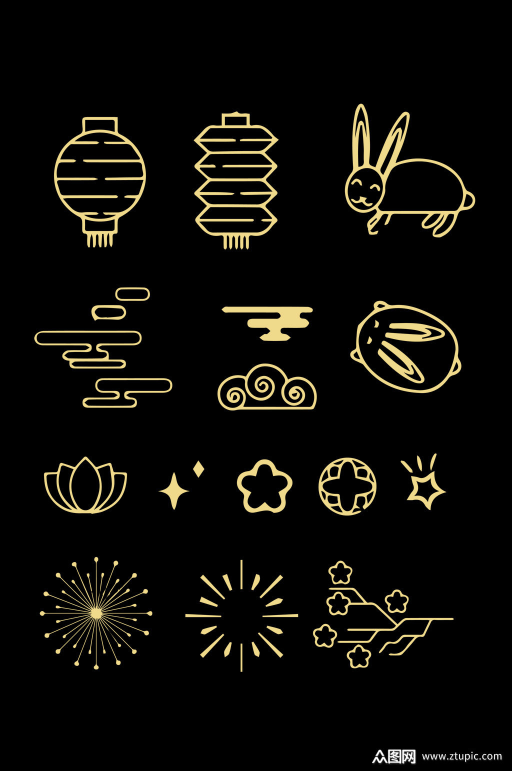 中式中秋节月兔子灯笼祥云烟花纹免扣元素