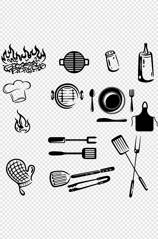 烧烤火堆调料架子铲子工具图标图案免扣元素