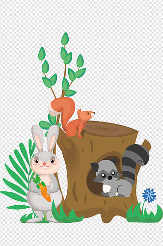 浣熊兔子松树小动物树洞树干免扣元素