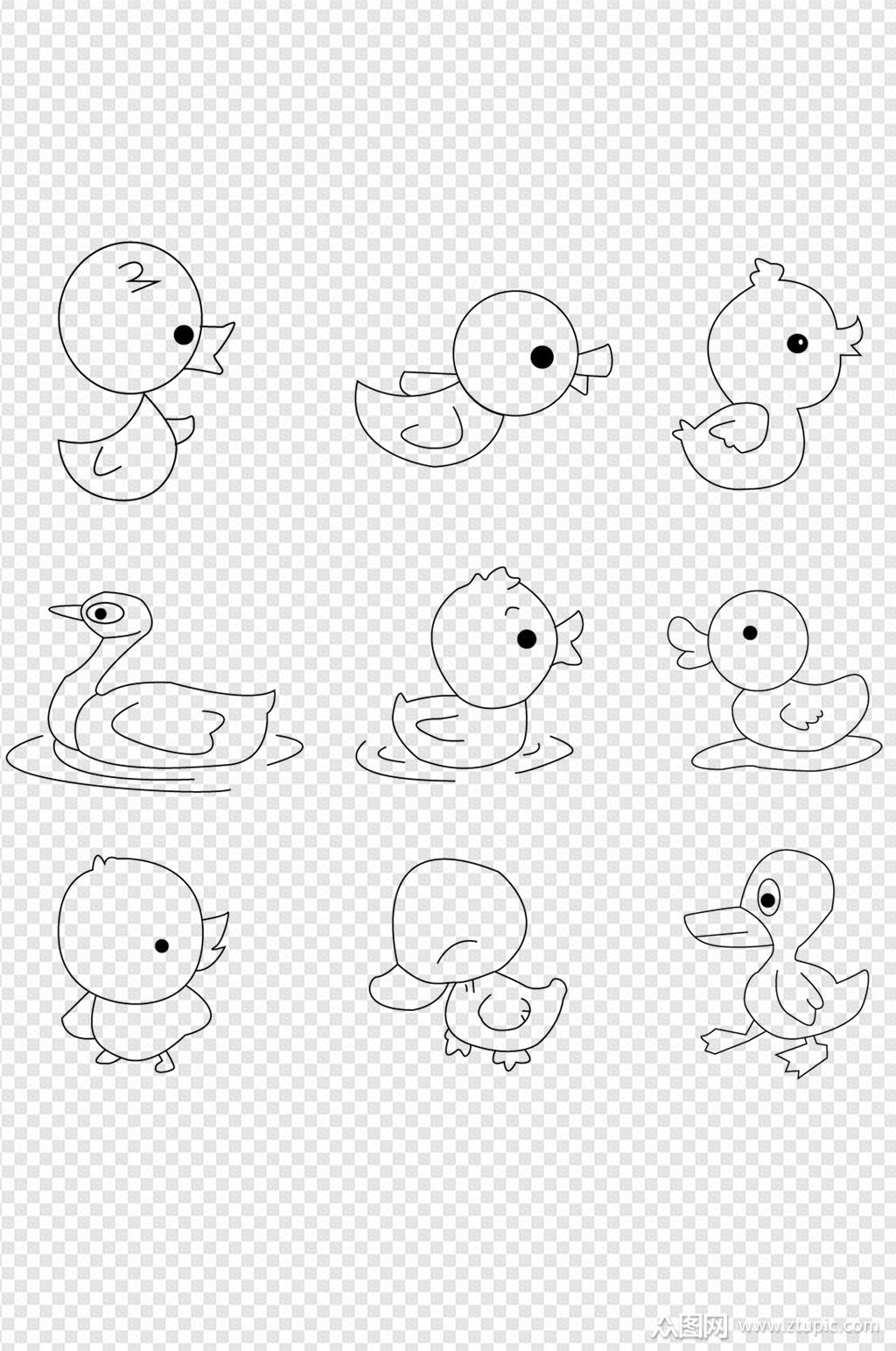手绘线条小鸭素材可上色免扣元素
