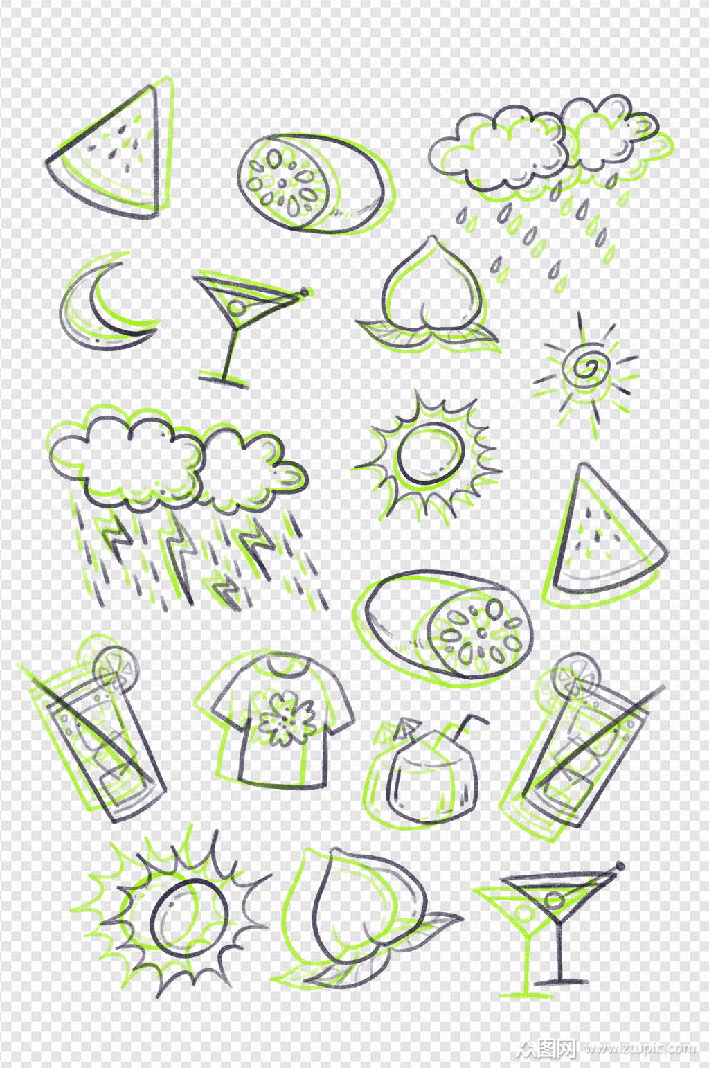 夏天暑假手绘风格元素小暑装饰图案免扣元素