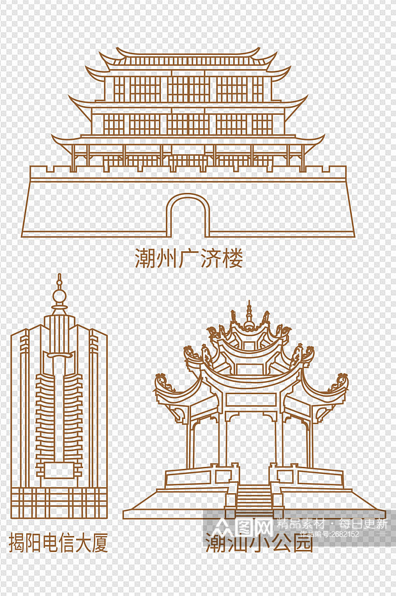 潮州广济楼潮汕小公园建筑简约免扣元素素材