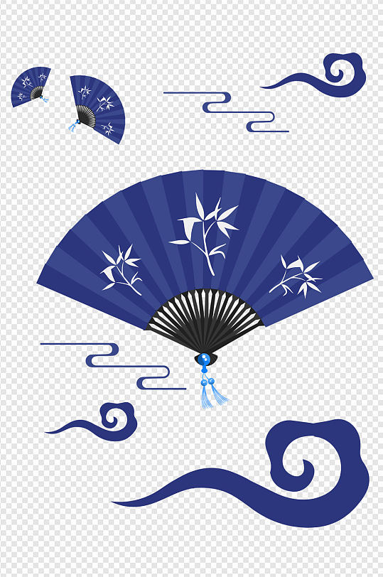 蓝色古风国潮复古扇子免扣元素