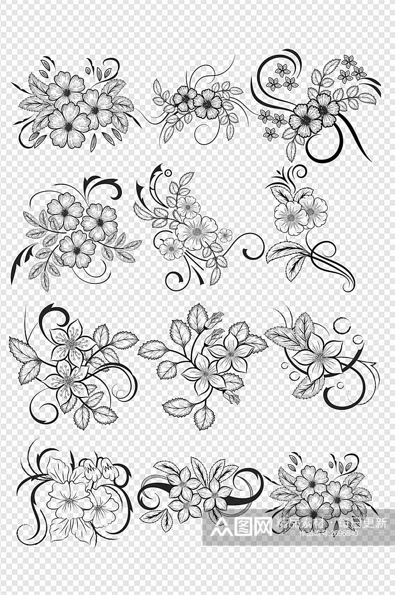 欧式古典花纹时尚手绘花朵藤蔓纹身免扣元素素材