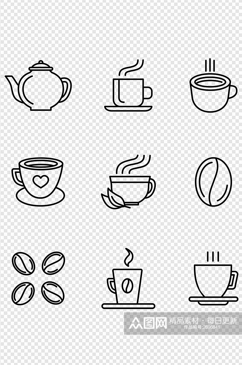 茶壶水壶热水杯咖啡杯咖啡豆图标免扣元素素材