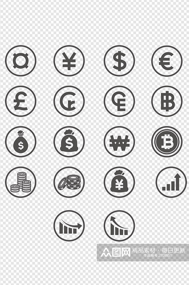 金融icon货币符号货币钱袋子统计表图标免扣元素素材
