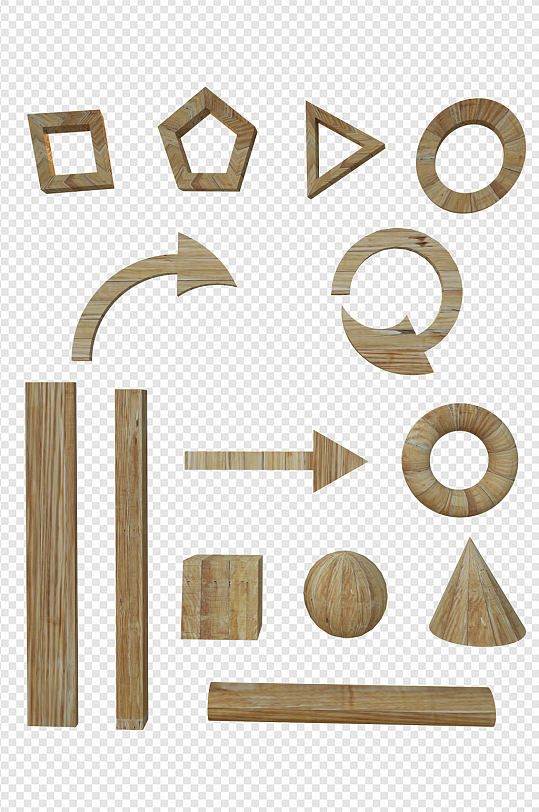 三维各式几何体箭头木材木板模型免扣元素