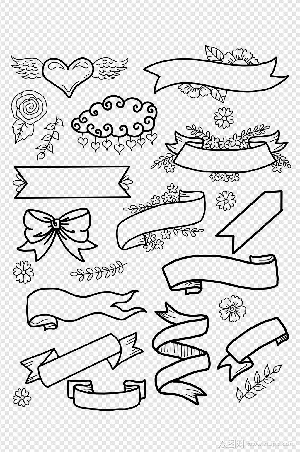 手绘卡通标签爱心玫瑰边框宽幅条状免扣元素