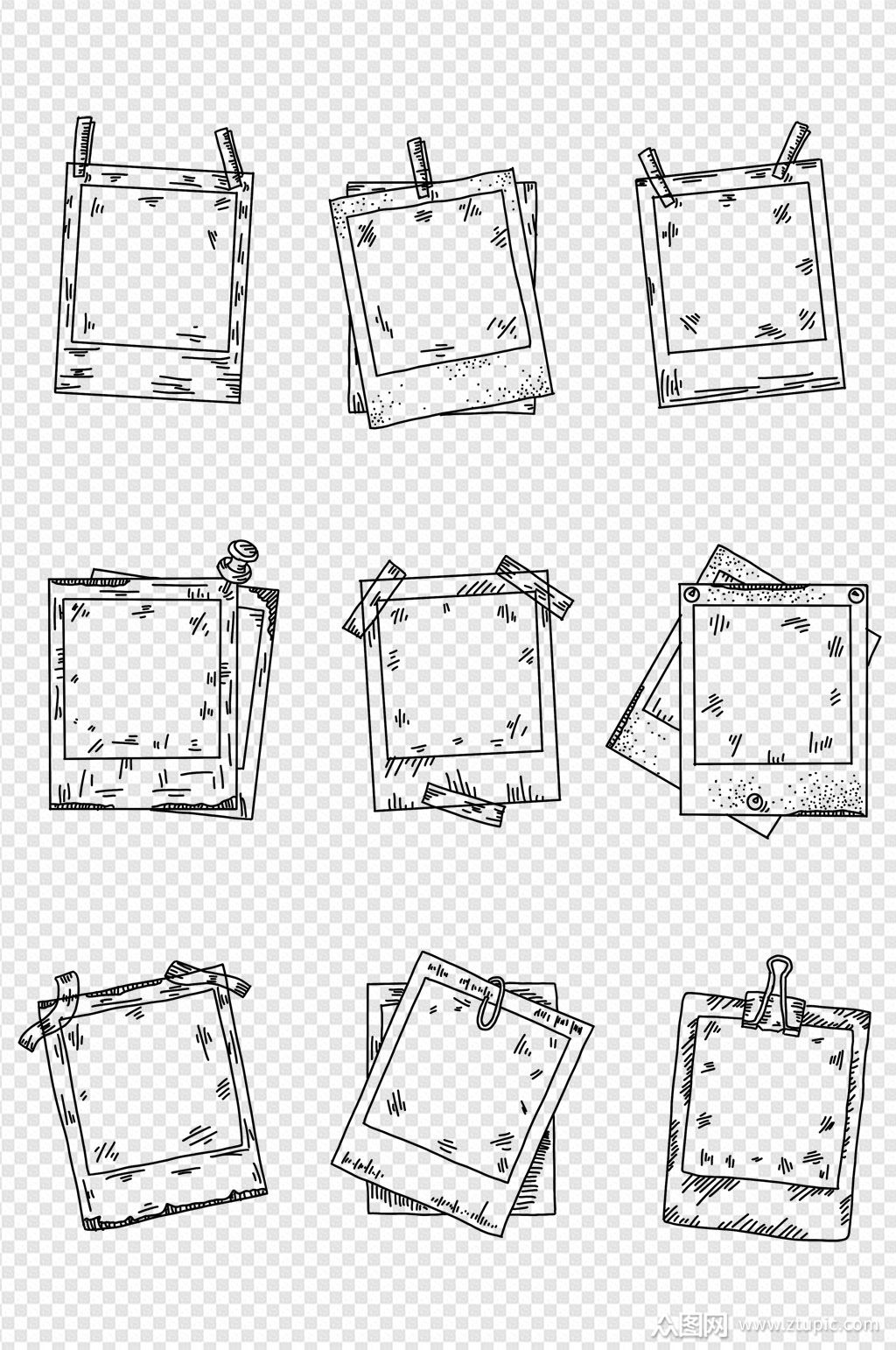 手绘卡通拍立得照片墙贴纸边框线稿免扣元素素材