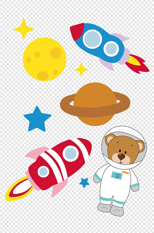 卡通手繪兒童小熊火箭月球星星太空免扣元素