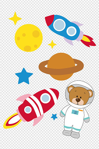 卡通手绘儿童小熊火箭月球星星太空免扣元素