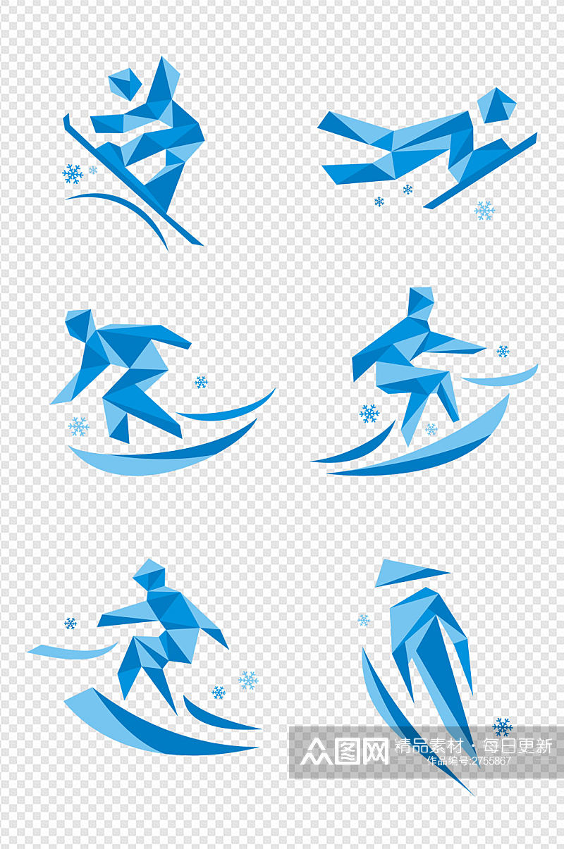 卡通蓝色雪花滑雪滑板轮滑形状图标免扣元素 设计元素素材