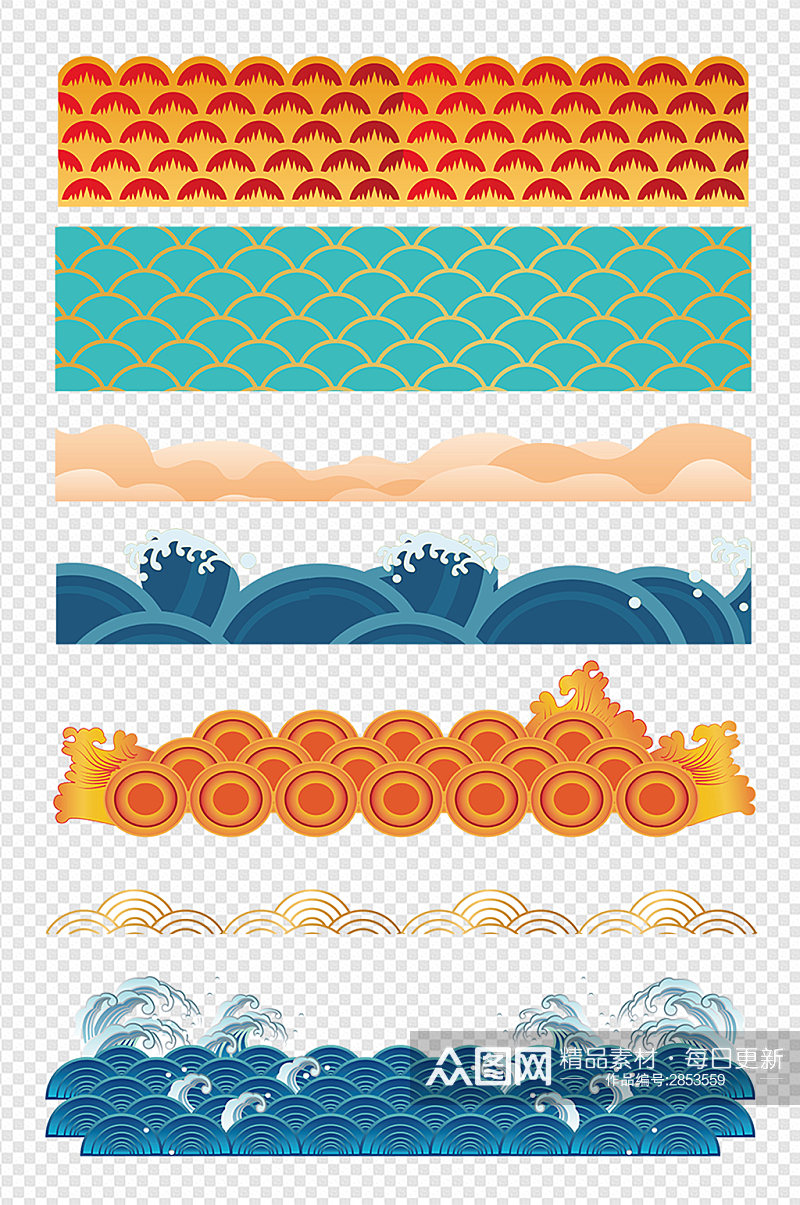 传统古典海浪波浪波纹图案设计免扣元素素材