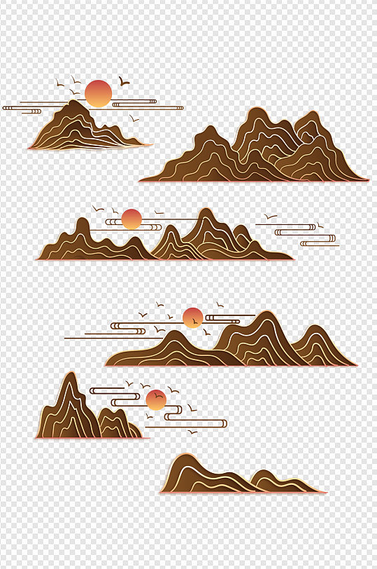 中国风古典新中式复古水墨山水飞鸟免扣元素