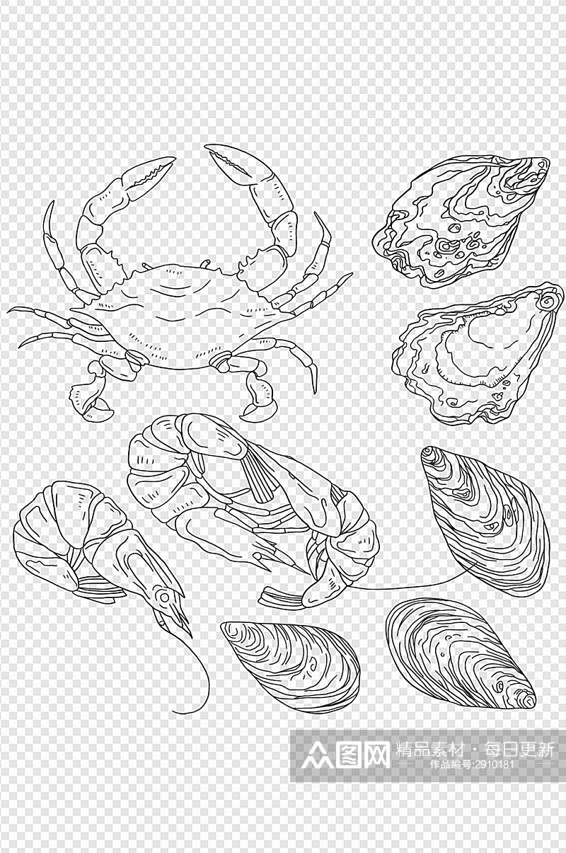手绘卡通海鲜水产螃蟹虾海蛎子美食免扣元素素材