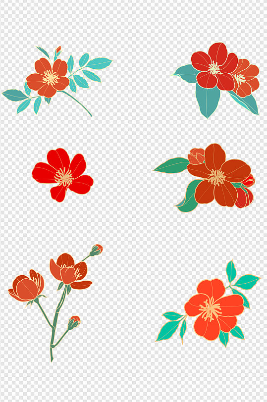 中国风传统配色各种形态花卉花朵免扣元素