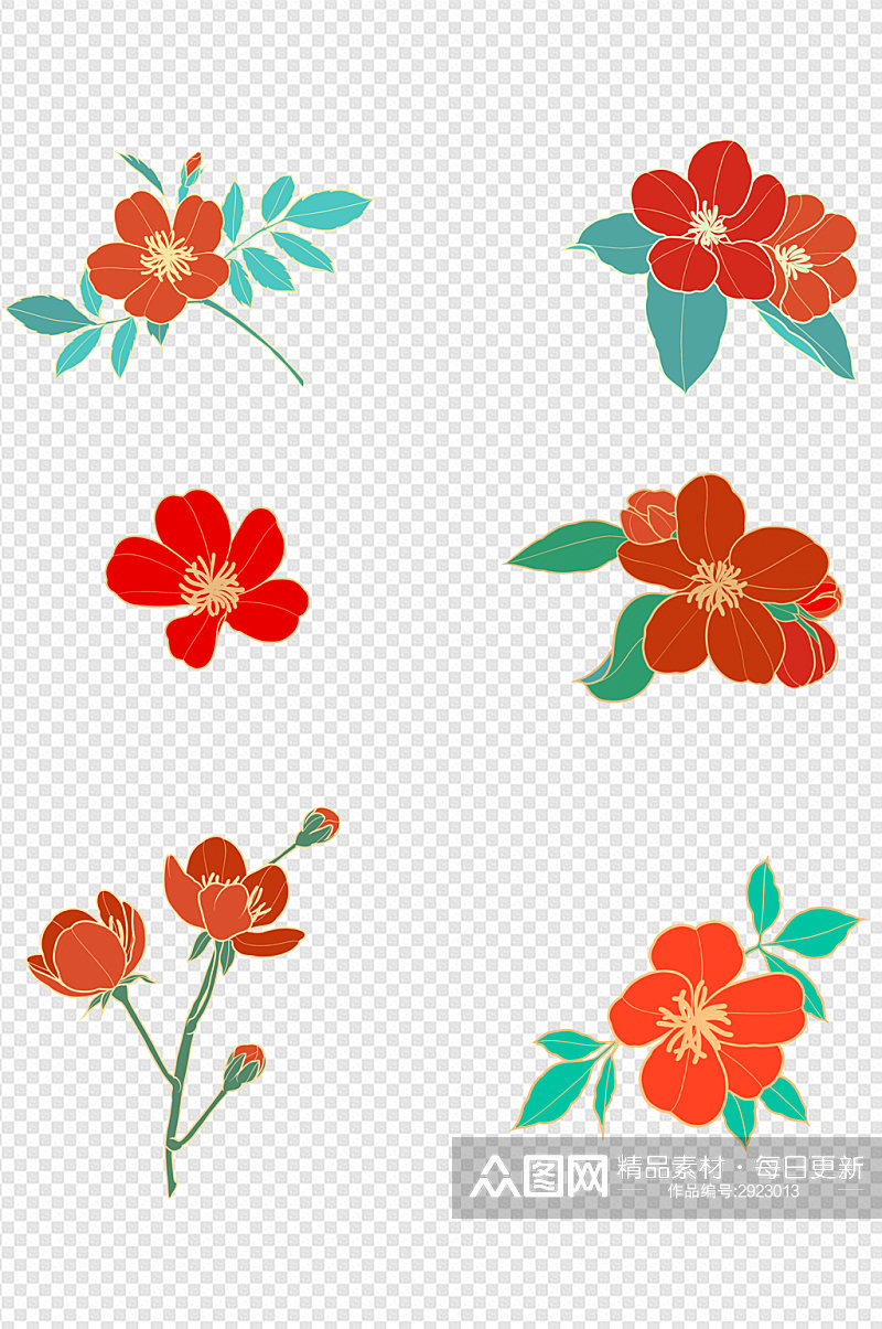 中国风传统配色各种形态花卉花朵免扣元素素材