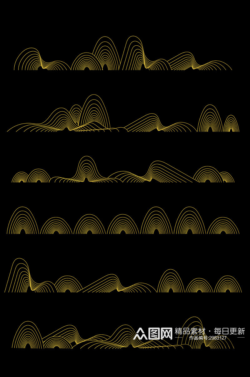 手绘金色渐变线条山纹山峰山峦图案免扣元素素材