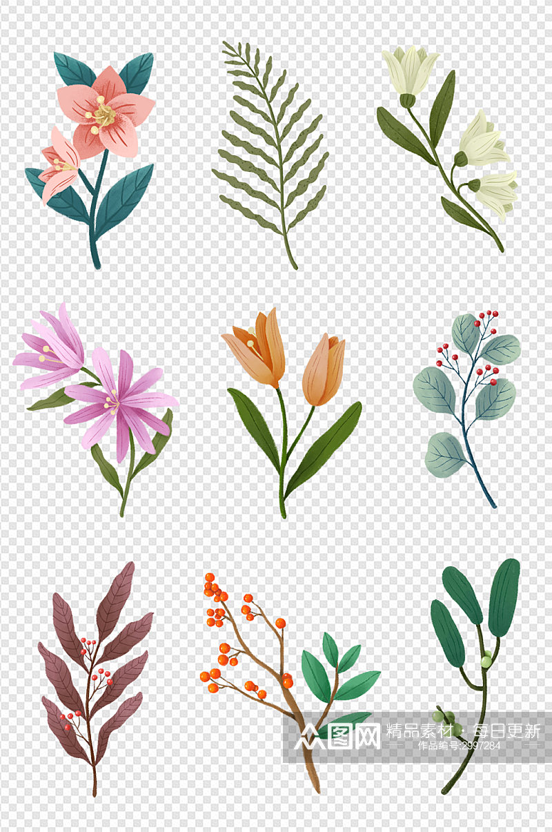 手绘清新植物花纹背景图案小清新免扣元素素材