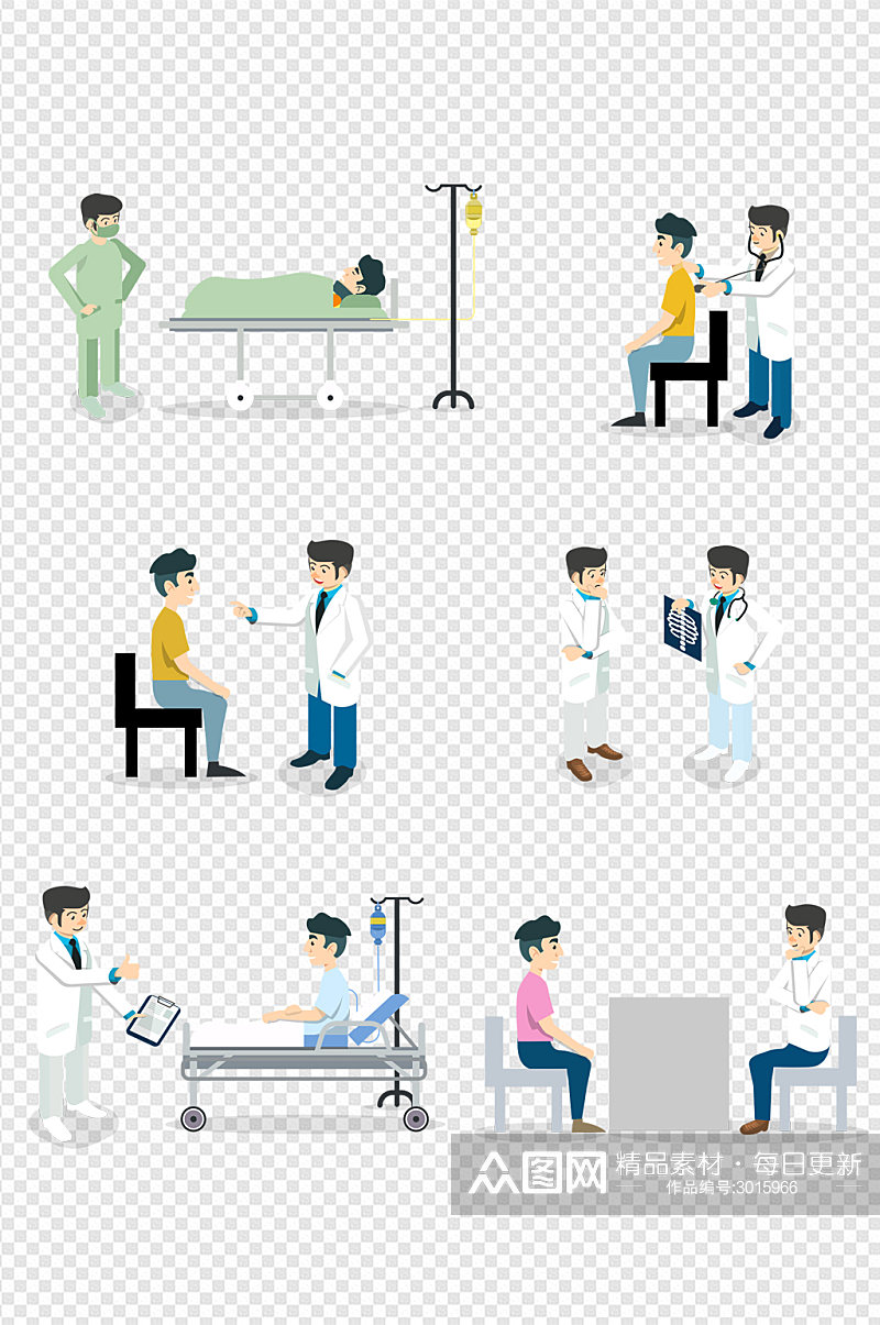 医院医生病床扁平医疗免扣元素素材