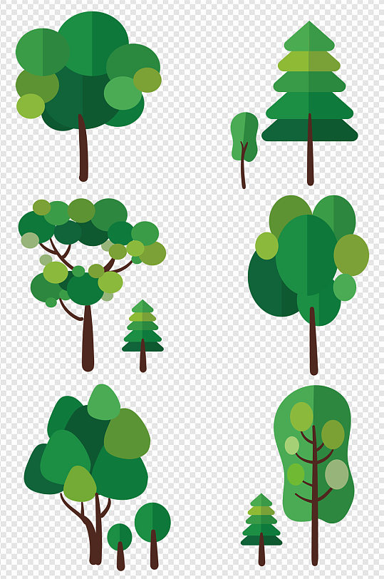 绿色卡通扁平树木合集免扣元素