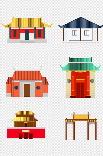 中国古代建筑卡通扁平化素材免扣元素