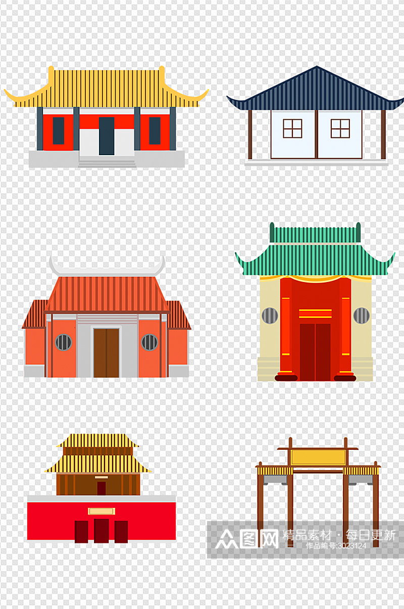 中国古代建筑卡通扁平化素材免扣元素素材