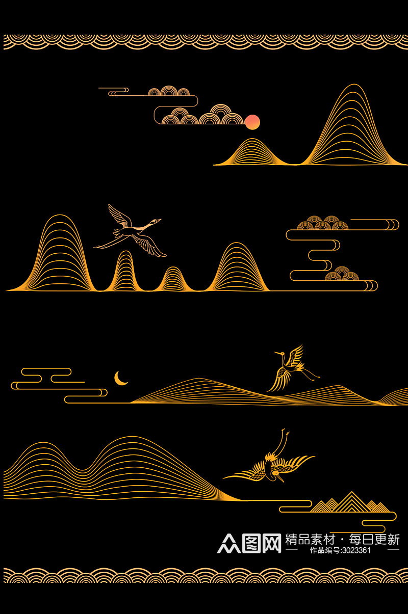 云纹山纹仙鹤月亮金色古风元素免扣元素素材