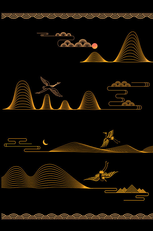 云纹山纹仙鹤月亮金色古风元素免扣元素