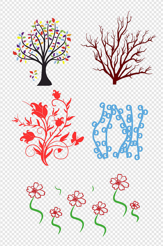 手绘花草树木装饰图案植物免扣元素