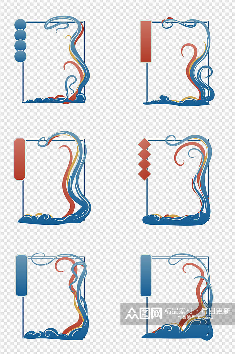 手绘云纹祥云图案边框国潮标题框免扣元素素材