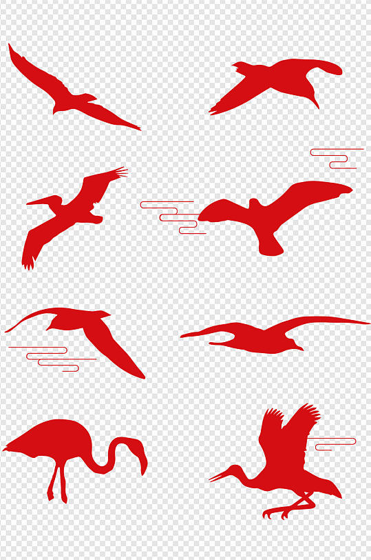 红色鸽子飞鹤剪影祥云纹国庆盛典免扣元素